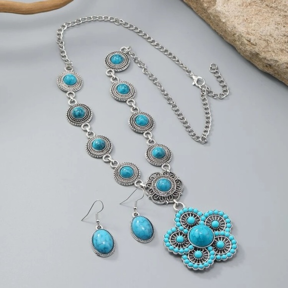 3pcs Turquoise Flower & Oval Decor Jewelry Set - Picture 3 of 4